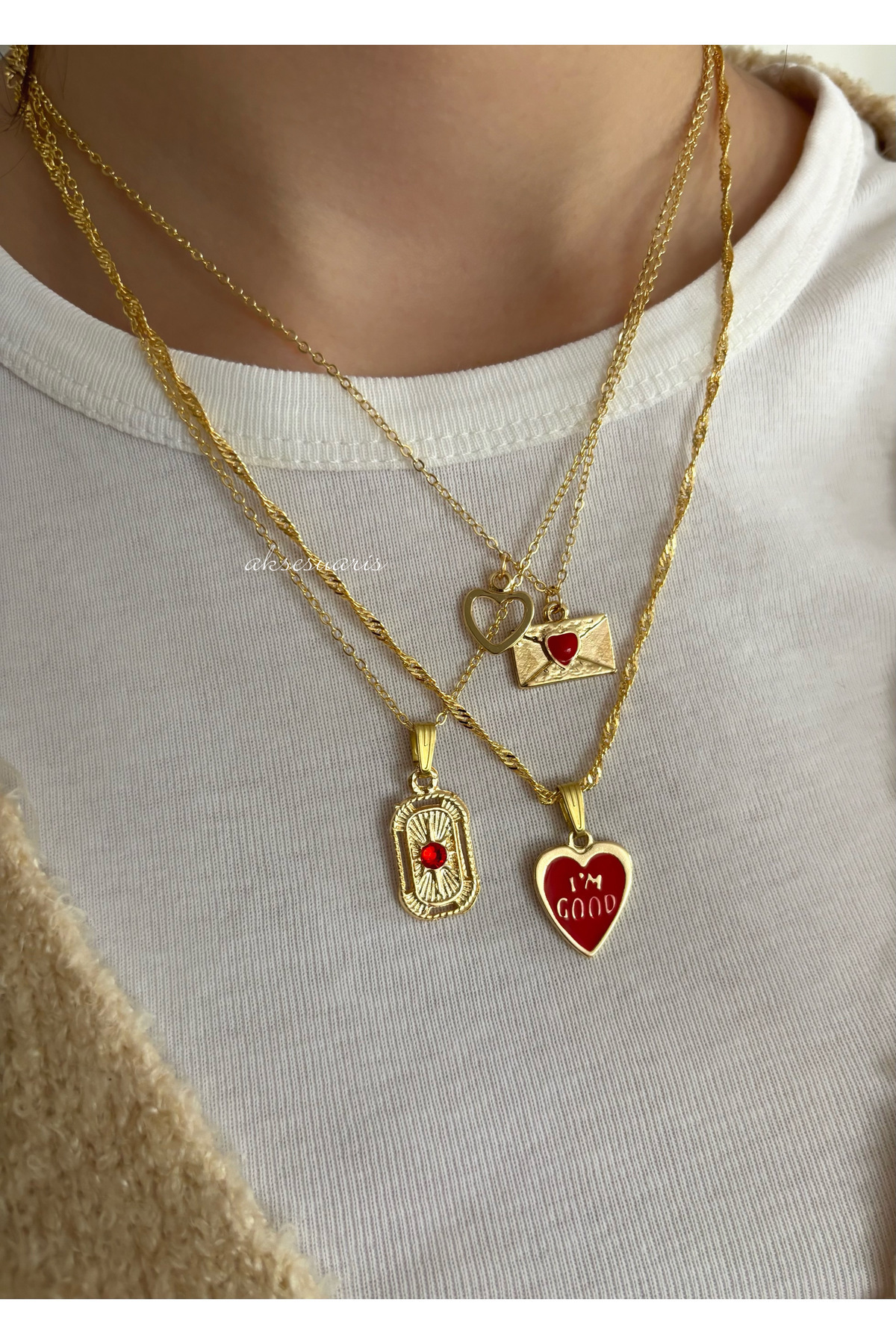 aksesuaris  3'lü Gold Kırmızı Kalp Charm Love Kolye Set - Görsel 5