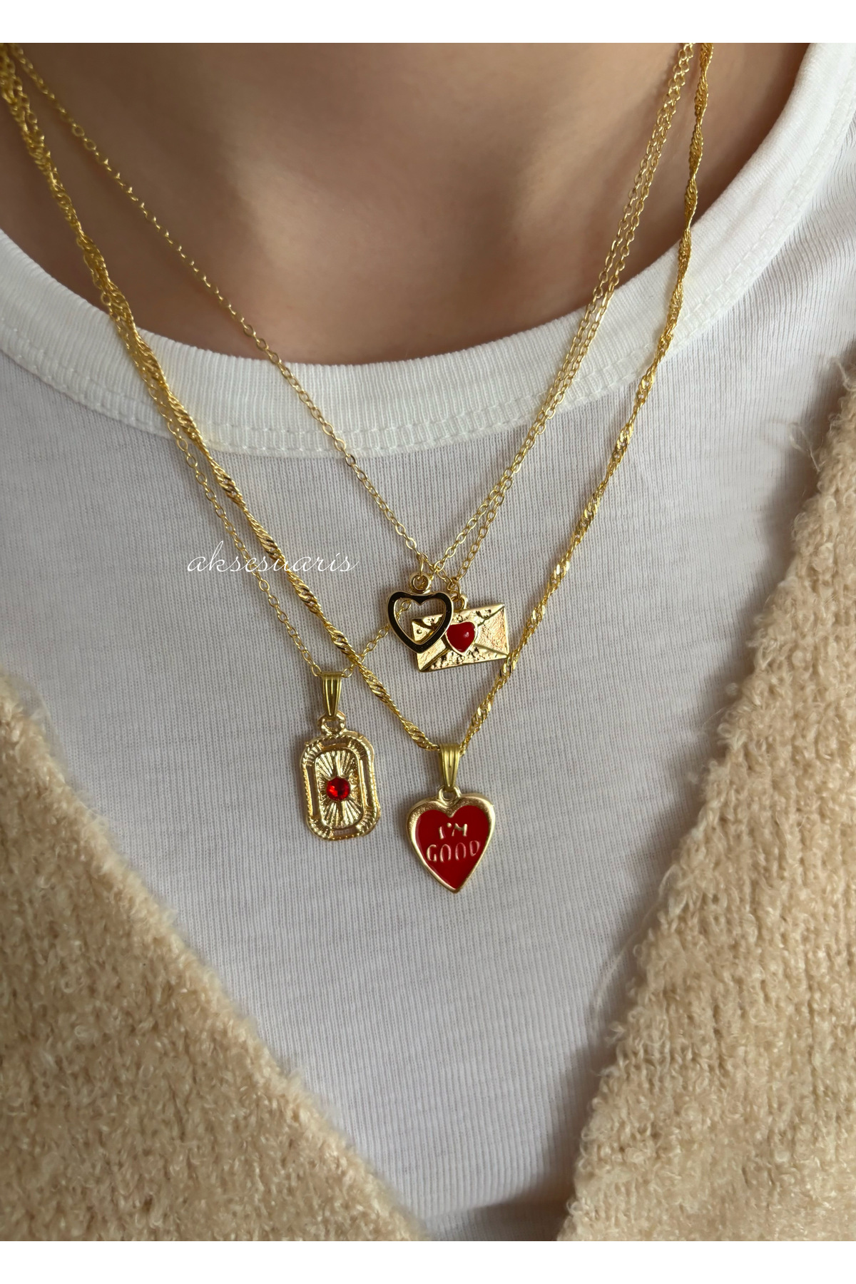 aksesuaris  3'lü Gold Kırmızı Kalp Charm Love Kolye Set - Görsel 3