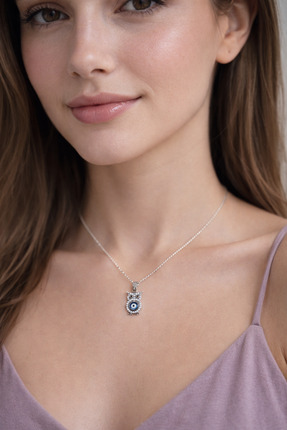 ZALU Gümüş Renk Baykuş Kolye — Nazar Boncuklu, Zirkon Taşlı Kadın Kolye, Zari...