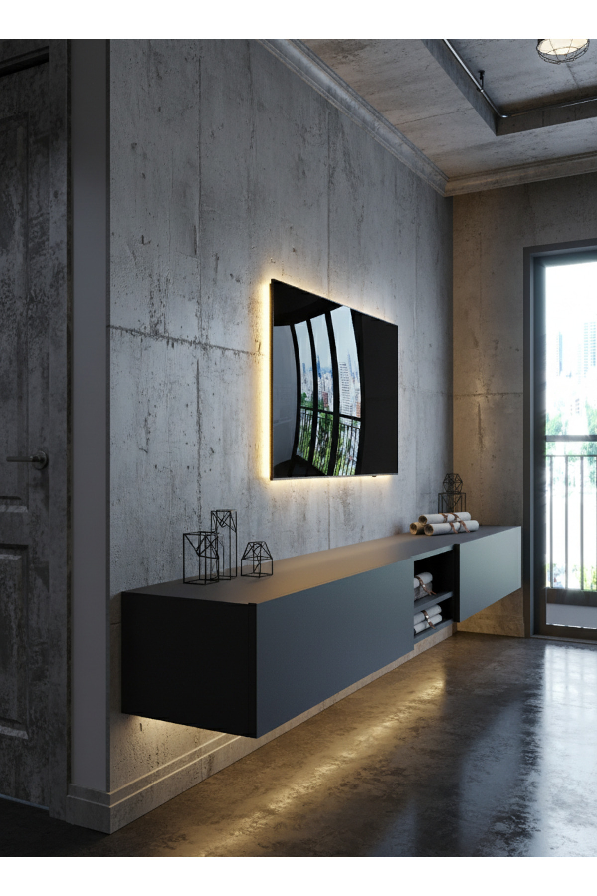 WALL-MOUNTED TV STAND WITH RECITAL LED - ANTHRACITE -W6009-4