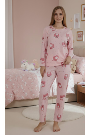 MODA Kadın Süet Pembe Desenli Uzun Kollu Pijama Takımı