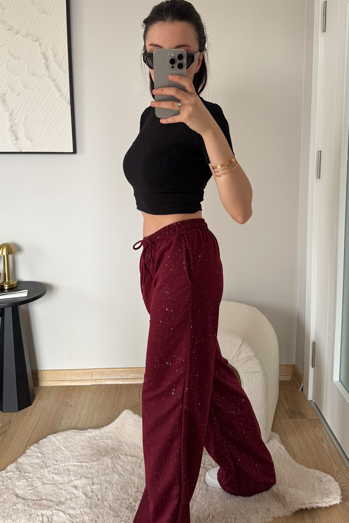 İlayda Toprak  Glow Bordo Cyrstal Detail Simli Bol Kalıp Cool Eşofman Altı - Görsel 5