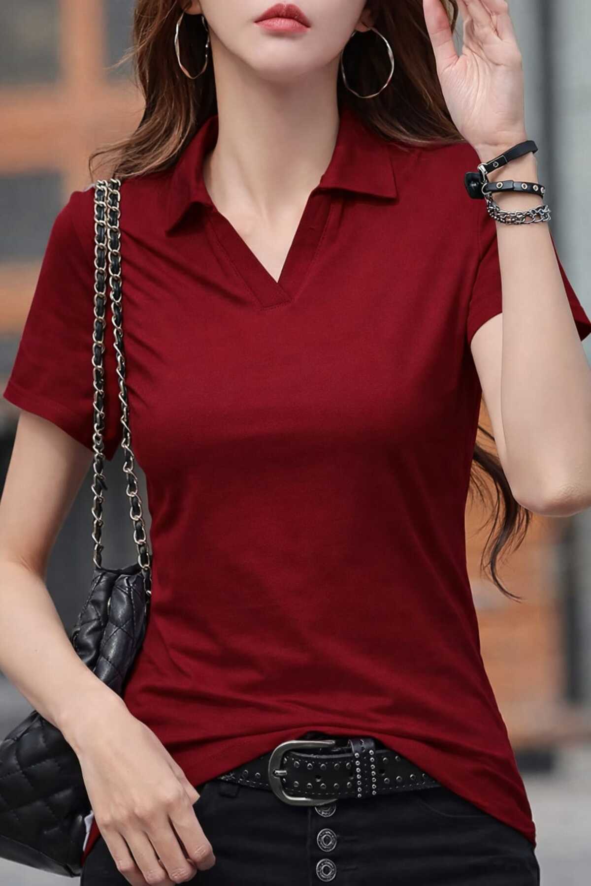 LG LAGULER  Düz Renkli Yaka Detaylı Likrali Esnek Tişört, Bahar ve Yaz İçin Rahat Kısa Kollu Üst, Kadın Giyim - Görsel 4