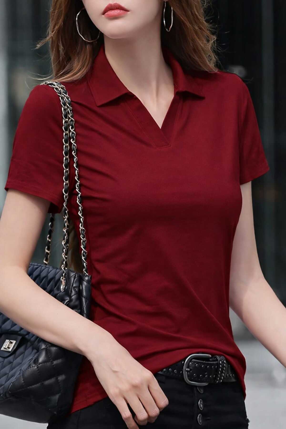 LG LAGULER  Düz Renkli Yaka Detaylı Likrali Esnek Tişört, Bahar ve Yaz İçin Rahat Kısa Kollu Üst, Kadın Giyim - Görsel 2