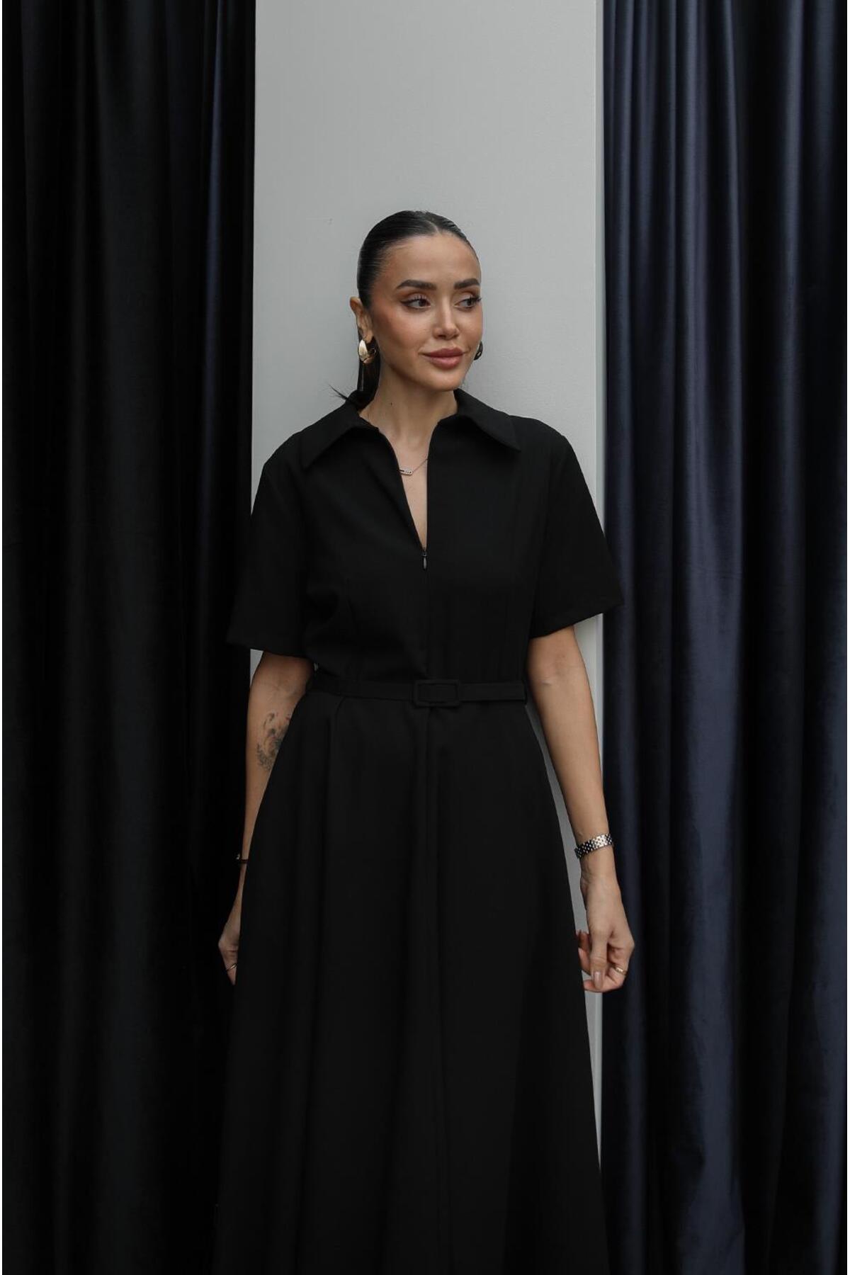 Havoş  Siyah Ward İnce Kemerli Elbise - Görsel 6