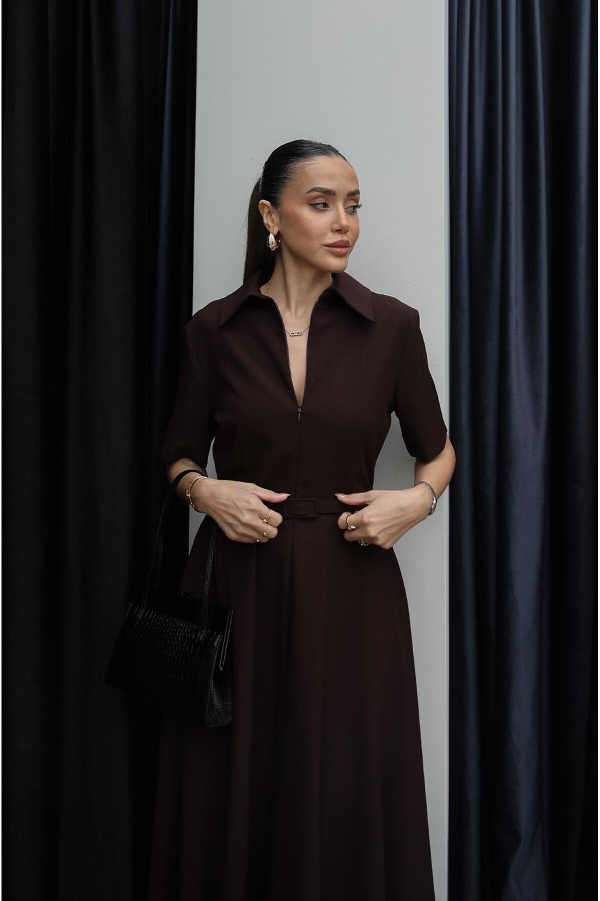 Havoş  Mürdüm Ward İnce Kemerli Elbise - Görsel 3