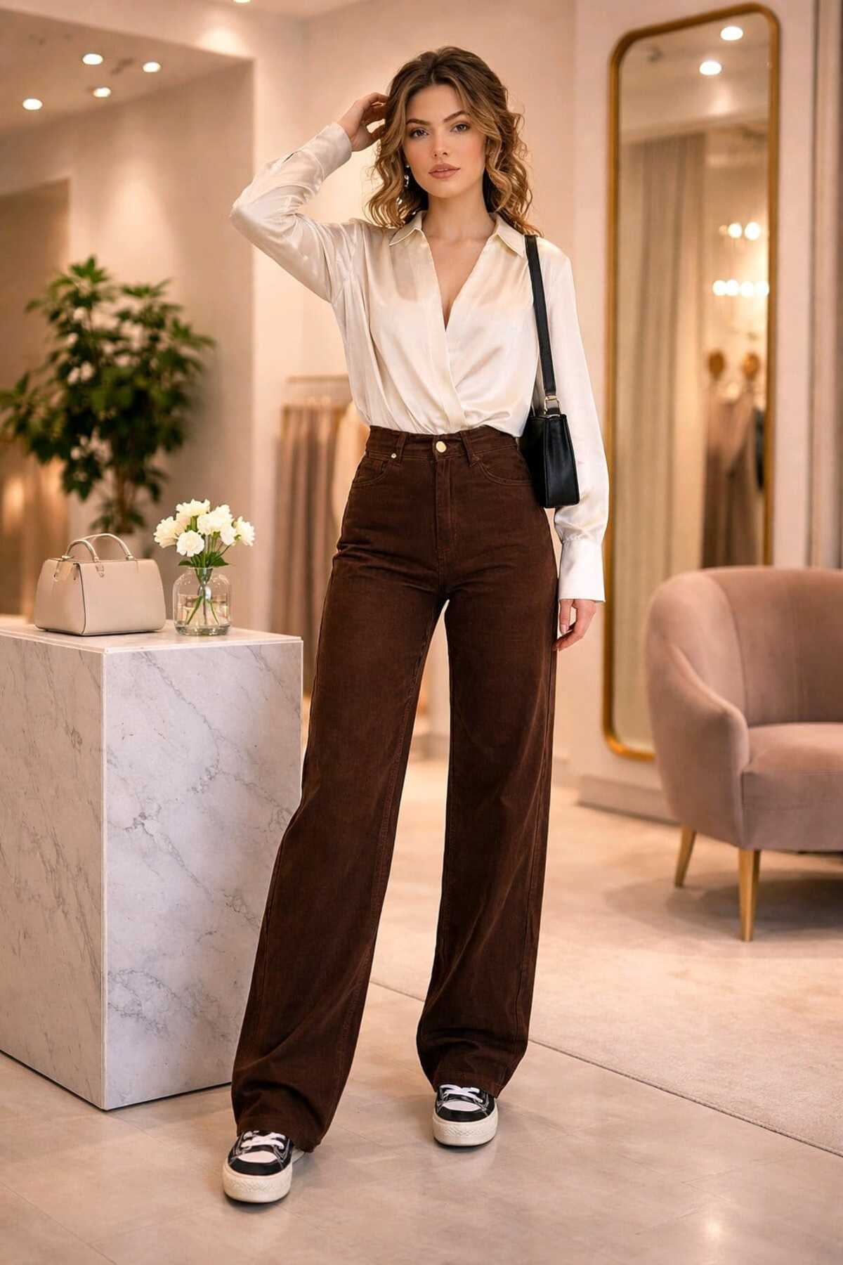 Lina Women's Dark Brown Super High Waist Lycra Fade-Free Jeans Palazzo Pants