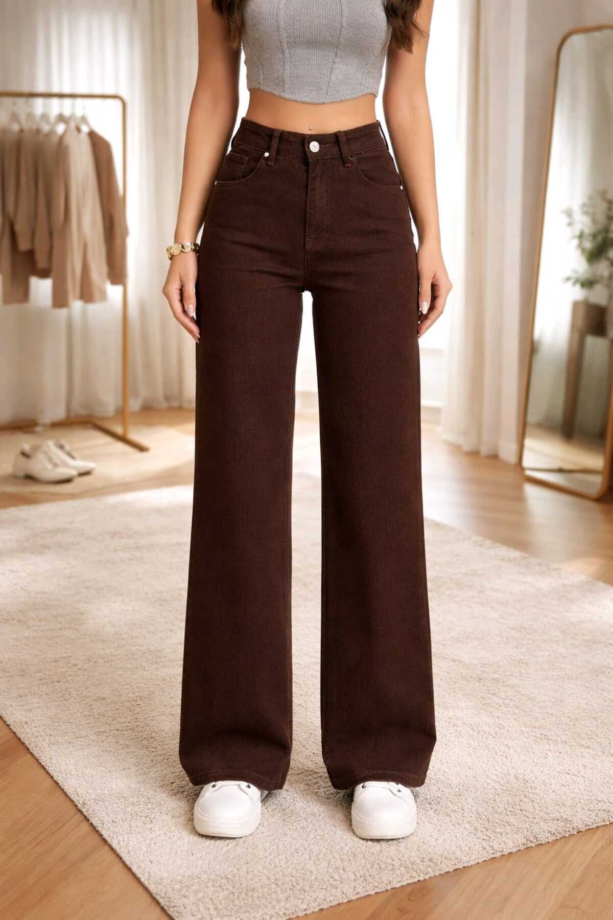 Trn JNS  Ness Koyu Kahverengi Süper Yüksek Bel 90's Power Likralı Solmaz Jeans Palazzo Pantolon