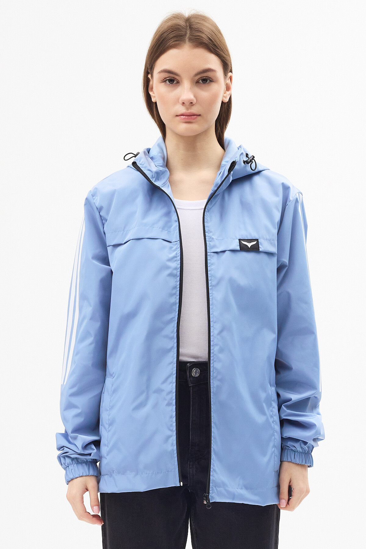 LEVEL HİGH  Kadın Mavi Kapüşonlu Şerit Detaylı Suya Dayanıklı Mevsimlik Yağmurluk - Görsel 5