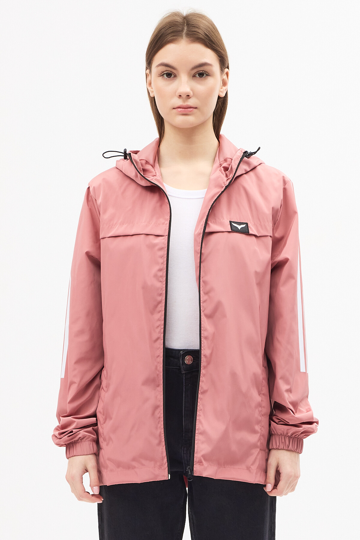 LEVEL HİGH  Kadın Pudra Kapüşonlu Şerit Detaylı Suya Dayanıklı Mevsimlik Yağmurluk - Görsel 2