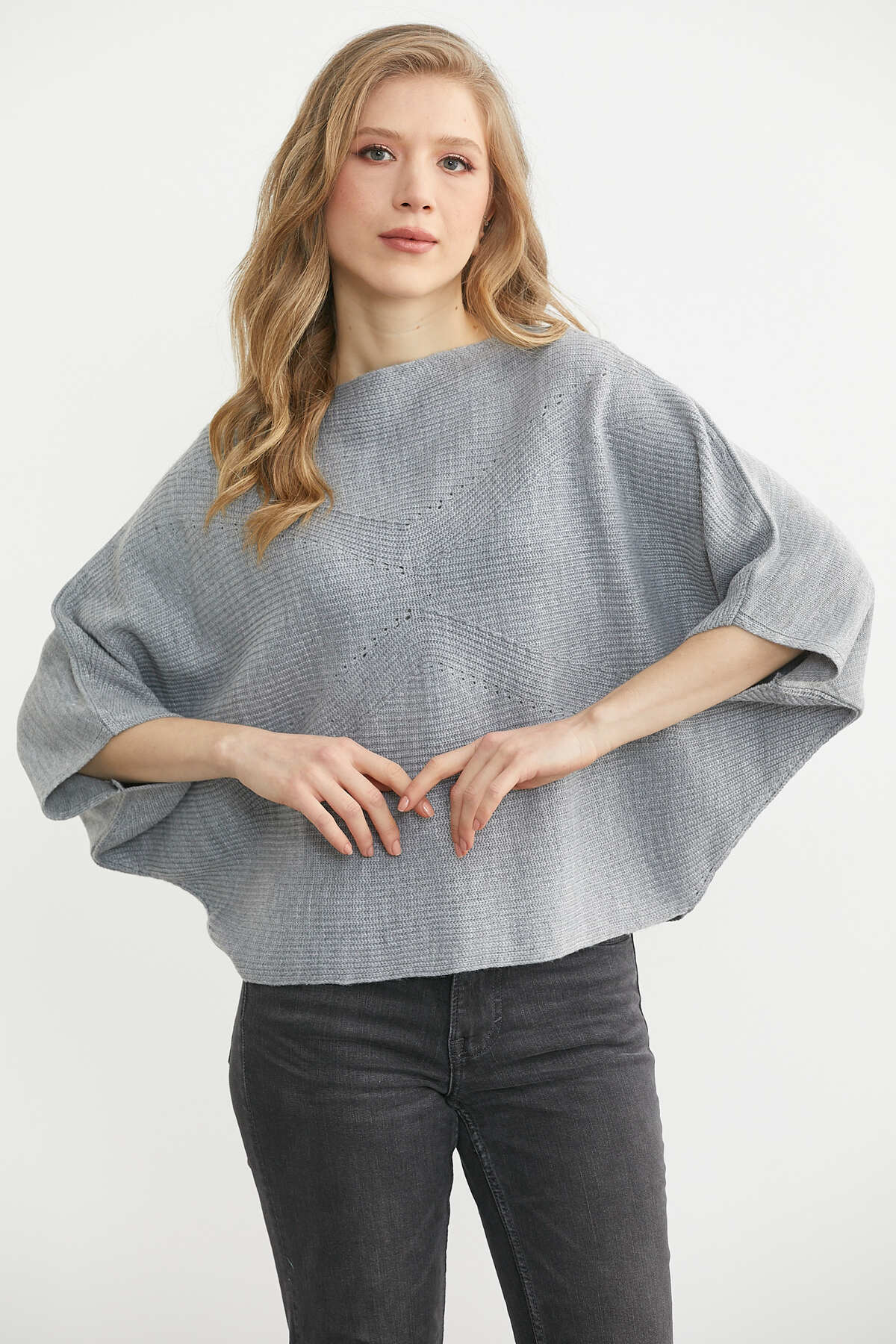 Sementa  Kayık Yaka Triko Panço Kazak - Gri - Görsel 4