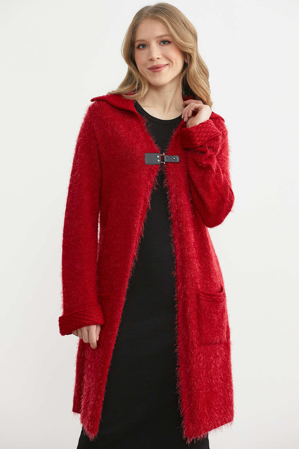 Sementa  Yünlü Şal Yaka Tokalı Uzun Triko Hırka - Kırmızı - Görsel 2