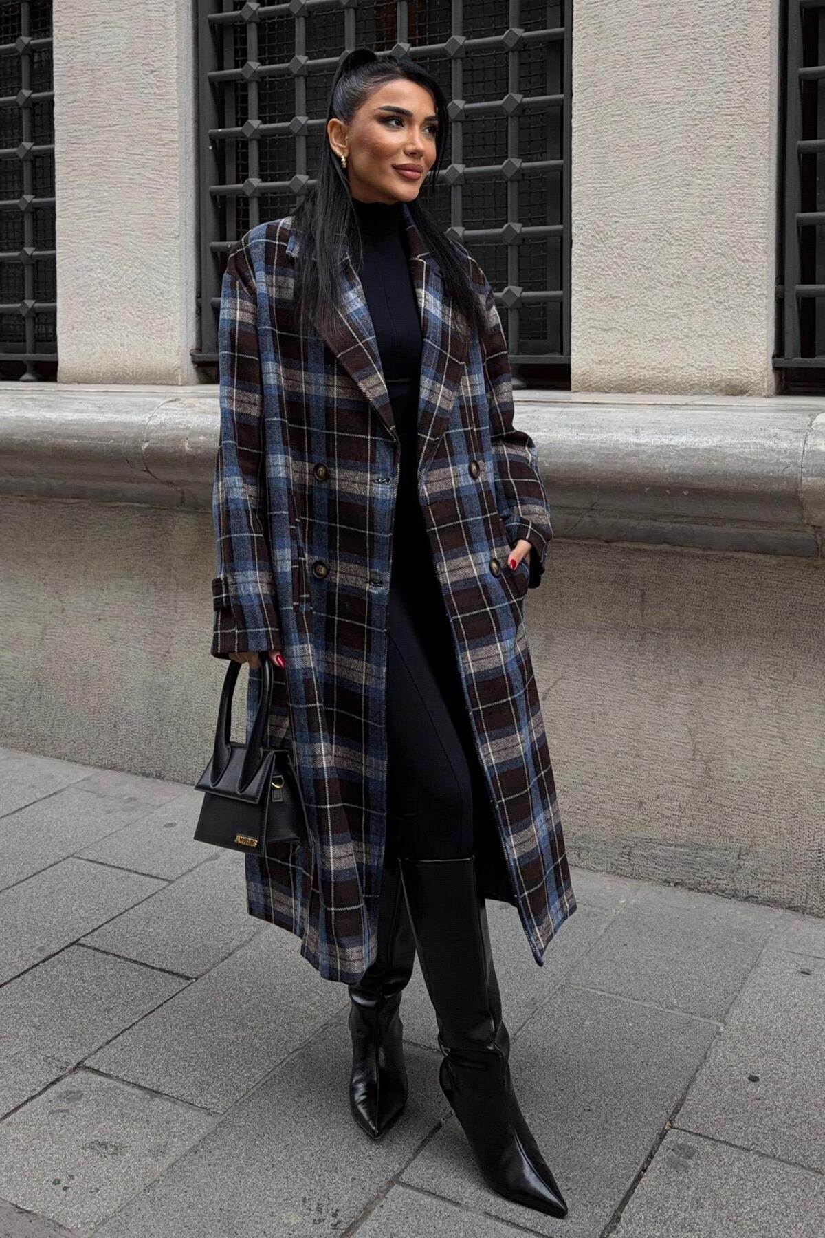 Lijuri  Çift Düğme Kapamalı Ekose Desenli Kaşe Kaban 7141 - Görsel 2