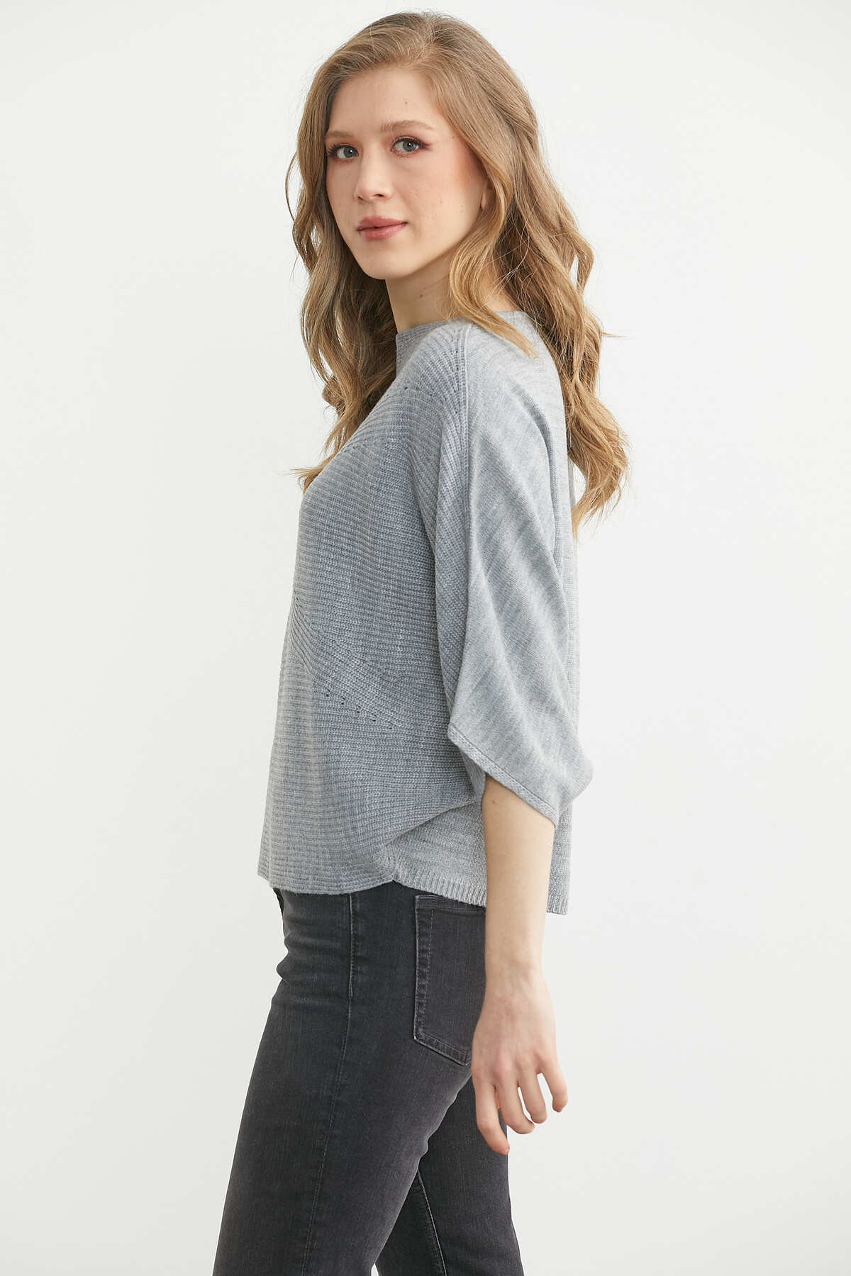 Sementa  Kayık Yaka Triko Panço Kazak - Gri - Görsel 5