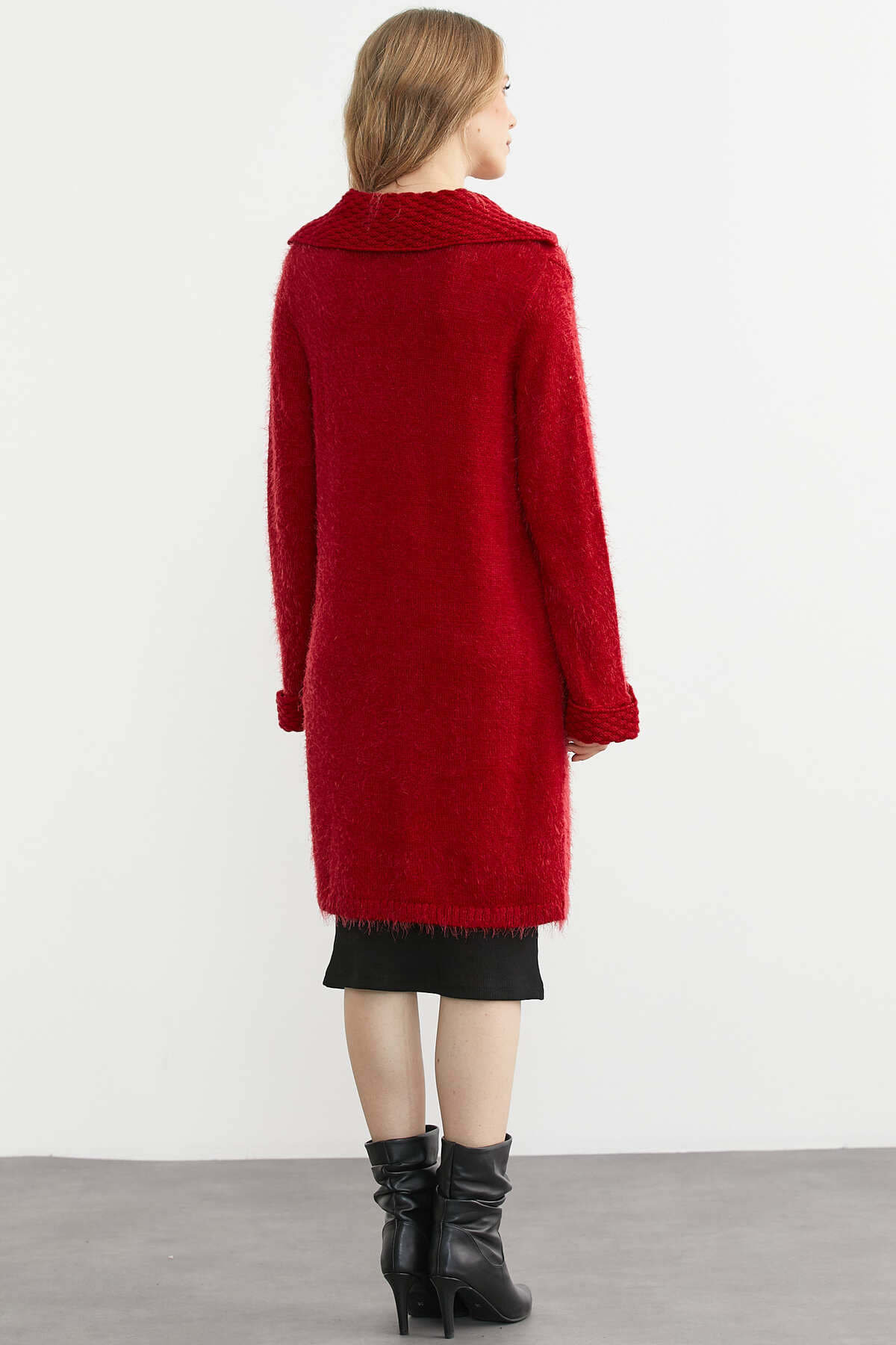 Sementa  Yünlü Şal Yaka Tokalı Uzun Triko Hırka - Kırmızı - Görsel 5
