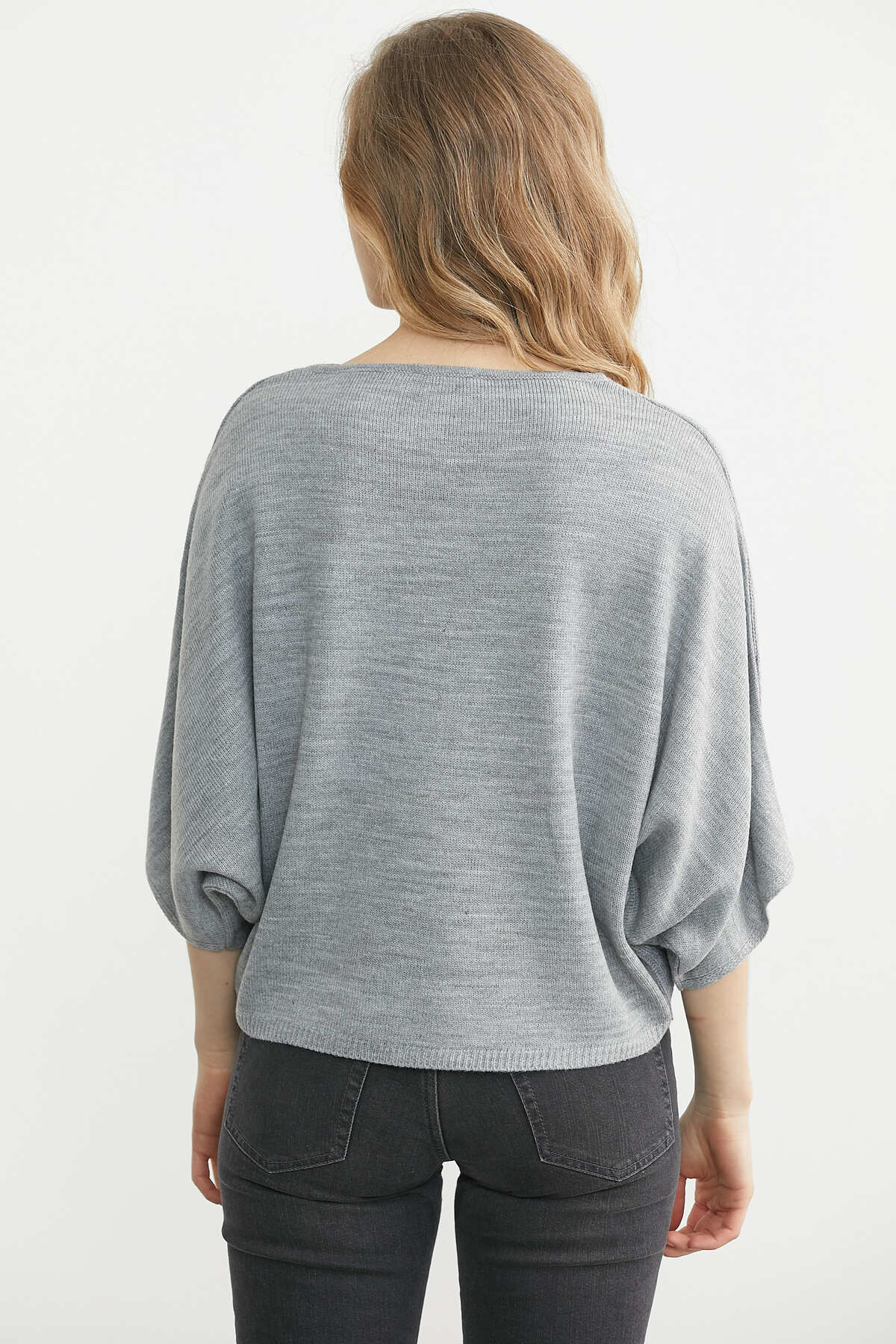 Sementa  Kayık Yaka Triko Panço Kazak - Gri - Görsel 6