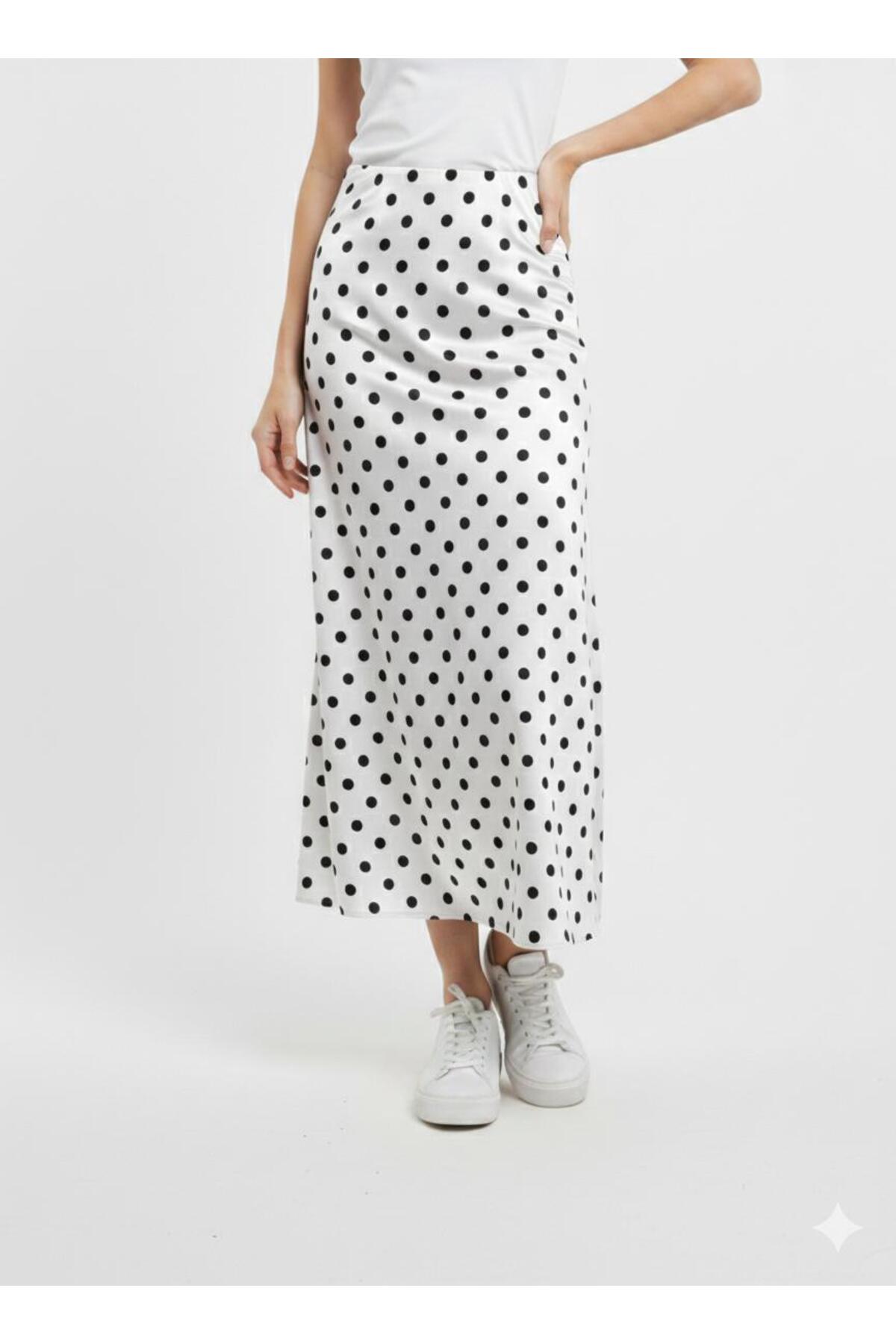 Green'DAL  Kadın Puantiyeli Midi Boy Yüksek Bel Günlük Şık Etek