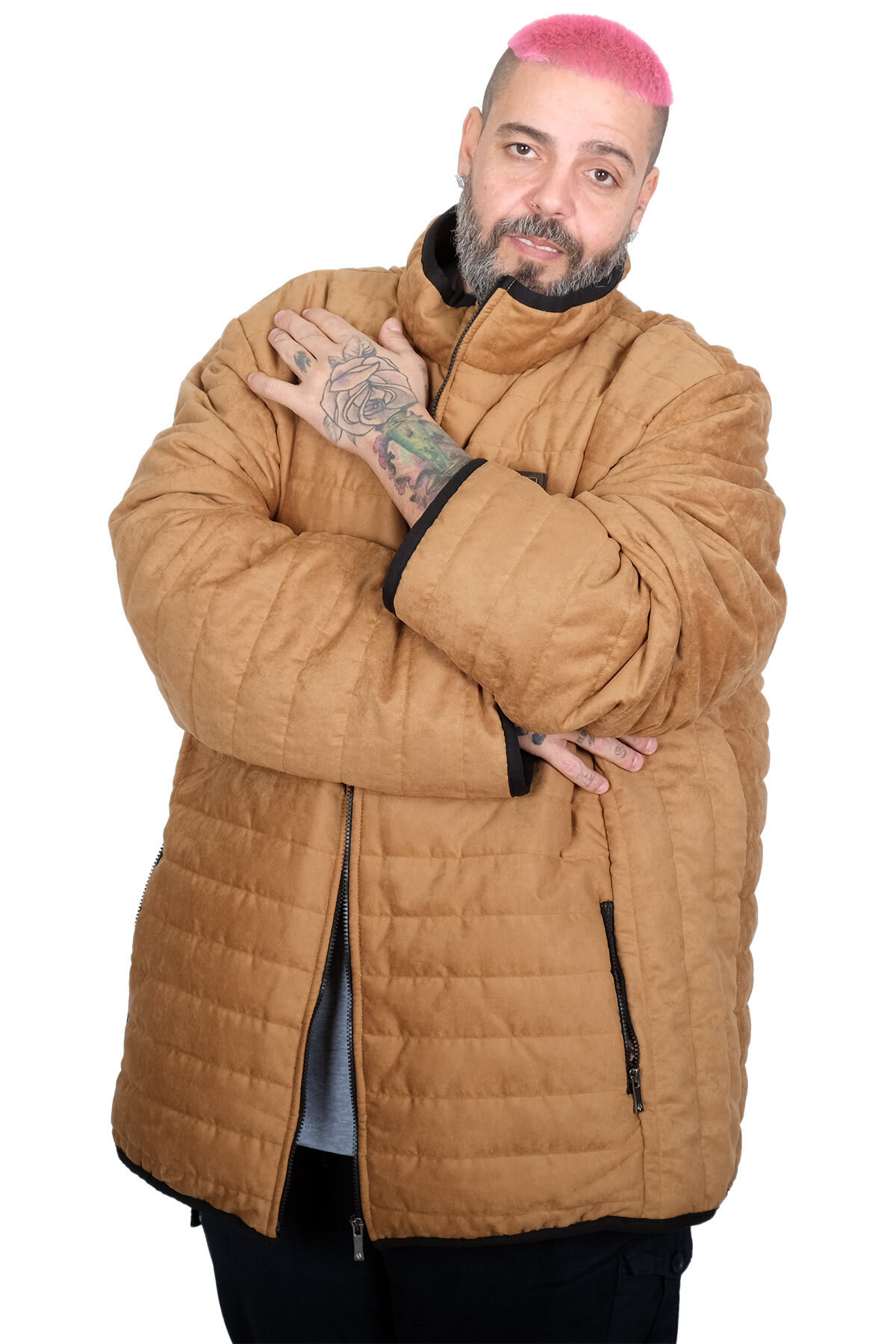 ModeXL Mode XL Büyük Beden Erkek Kapitone Dik Yaka Mont 22604 KAHVERENGİ görsel 2