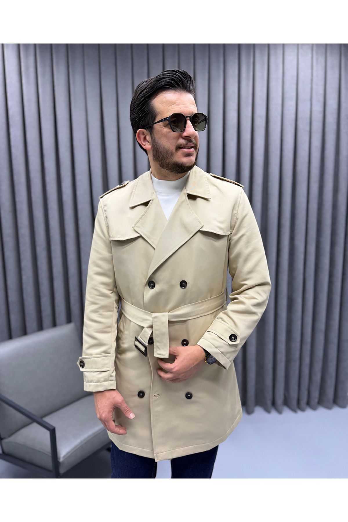 Avni Ceylan Erkek Klasik Çift Düğmeli Kruvaze Kuşaklı Trençkot görsel 2