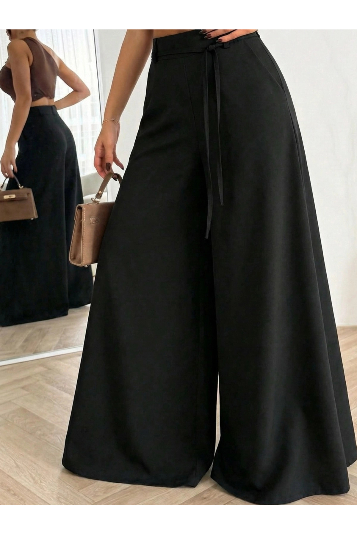 URİS  Kadın Siyah Bağcıklı Yüksek Bel Rahat Kesim Bol Paça Sofya Keten Pantolon - Görsel 3