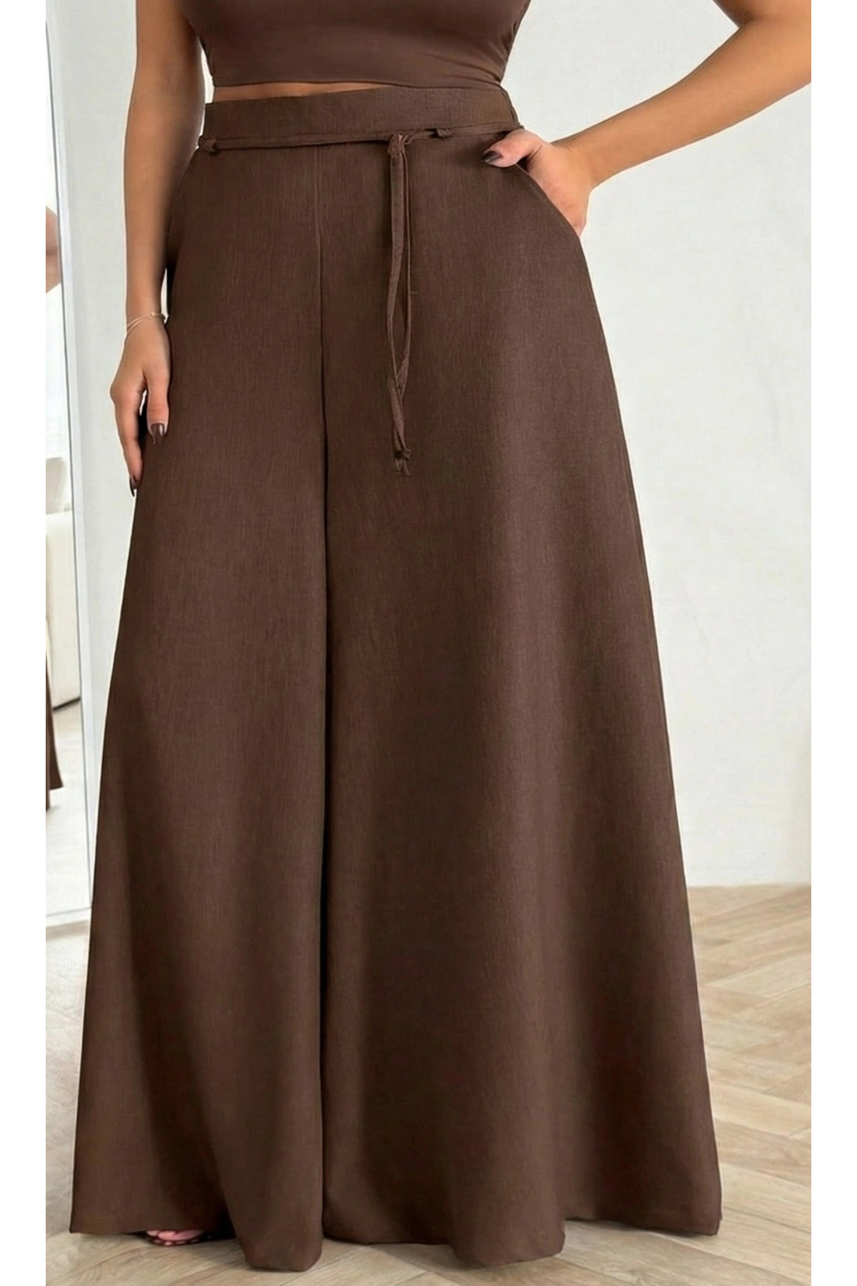 URİS  Kadın Kahverengi Bağcıklı Yüksek Bel Rahat Kesim Bol Paça Sofya Keten Pantolon - Görsel 3