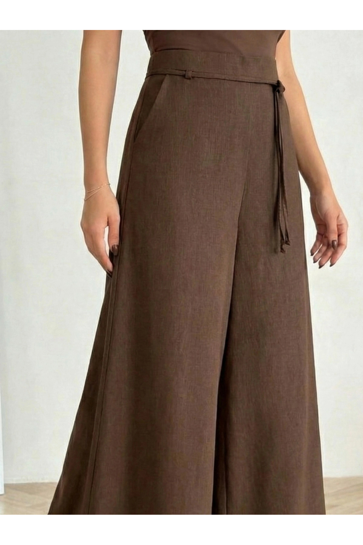 URİS  Kadın Kahverengi Bağcıklı Yüksek Bel Rahat Kesim Bol Paça Sofya Keten Pantolon - Görsel 2