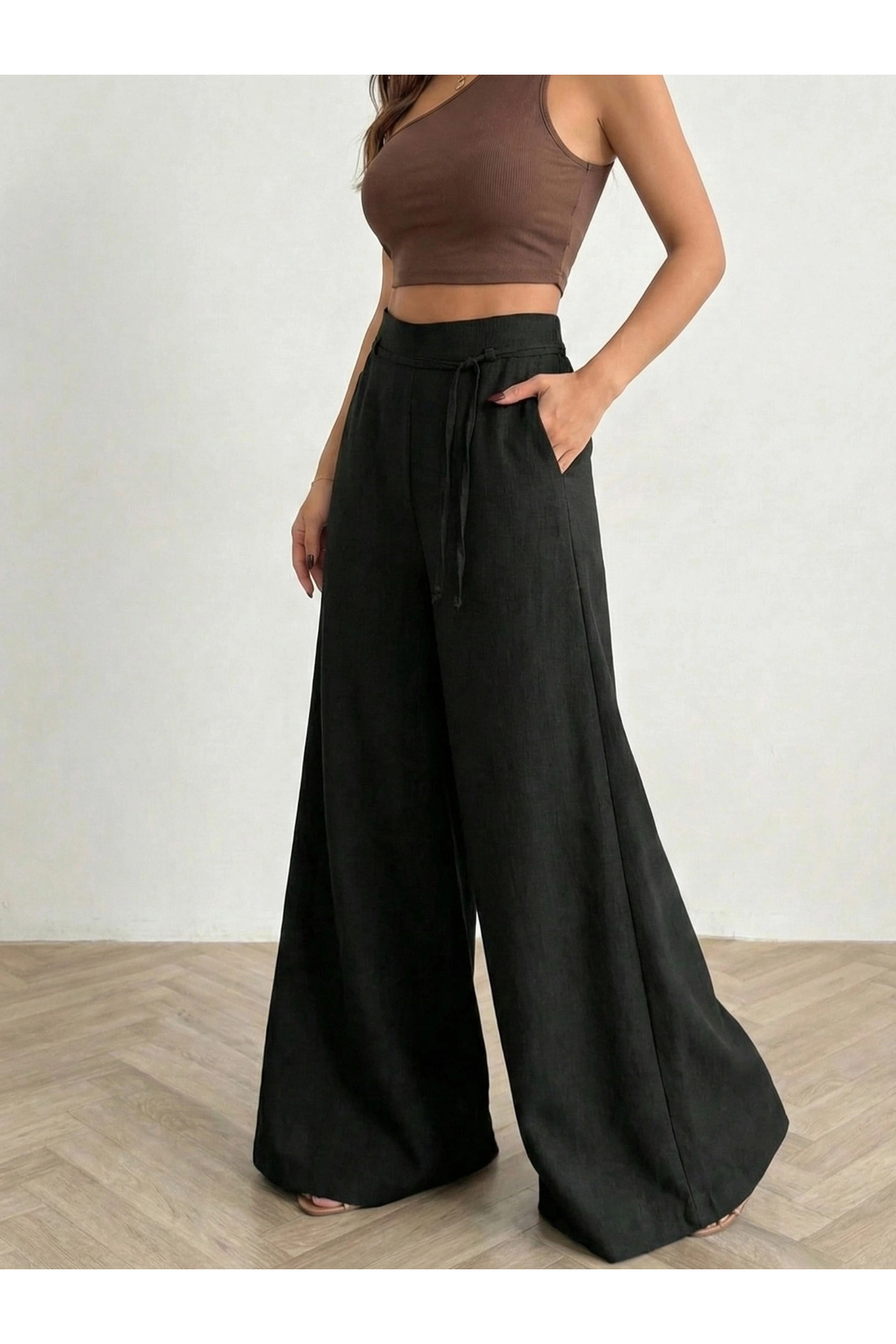 URİS  Kadın Siyah Bağcıklı Yüksek Bel Rahat Kesim Bol Paça Sofya Keten Pantolon - Görsel 4