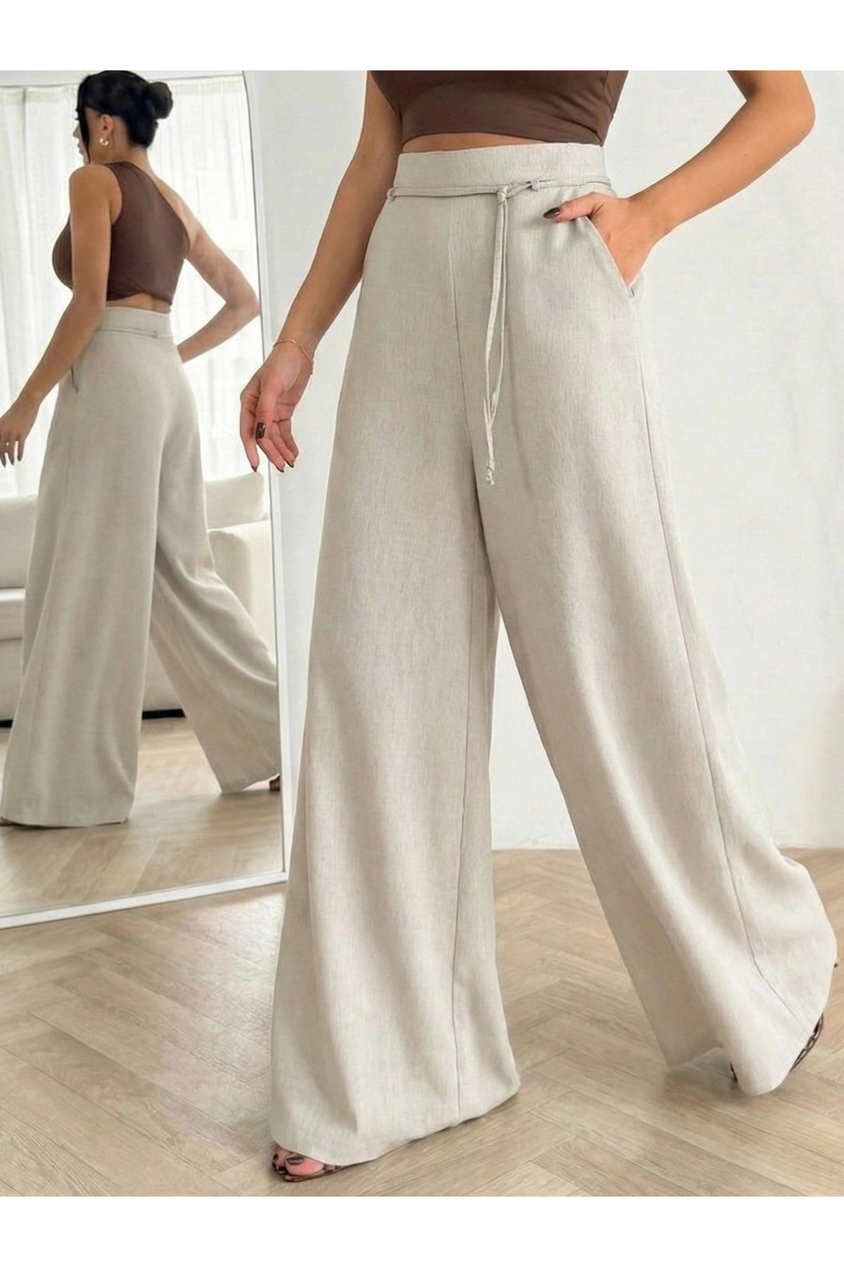 Lusin  Kadın Taş Bağcıklı Yüksek Bel Rahat Kesim Bol Paça Sofya Keten Pantolon - Görsel 4