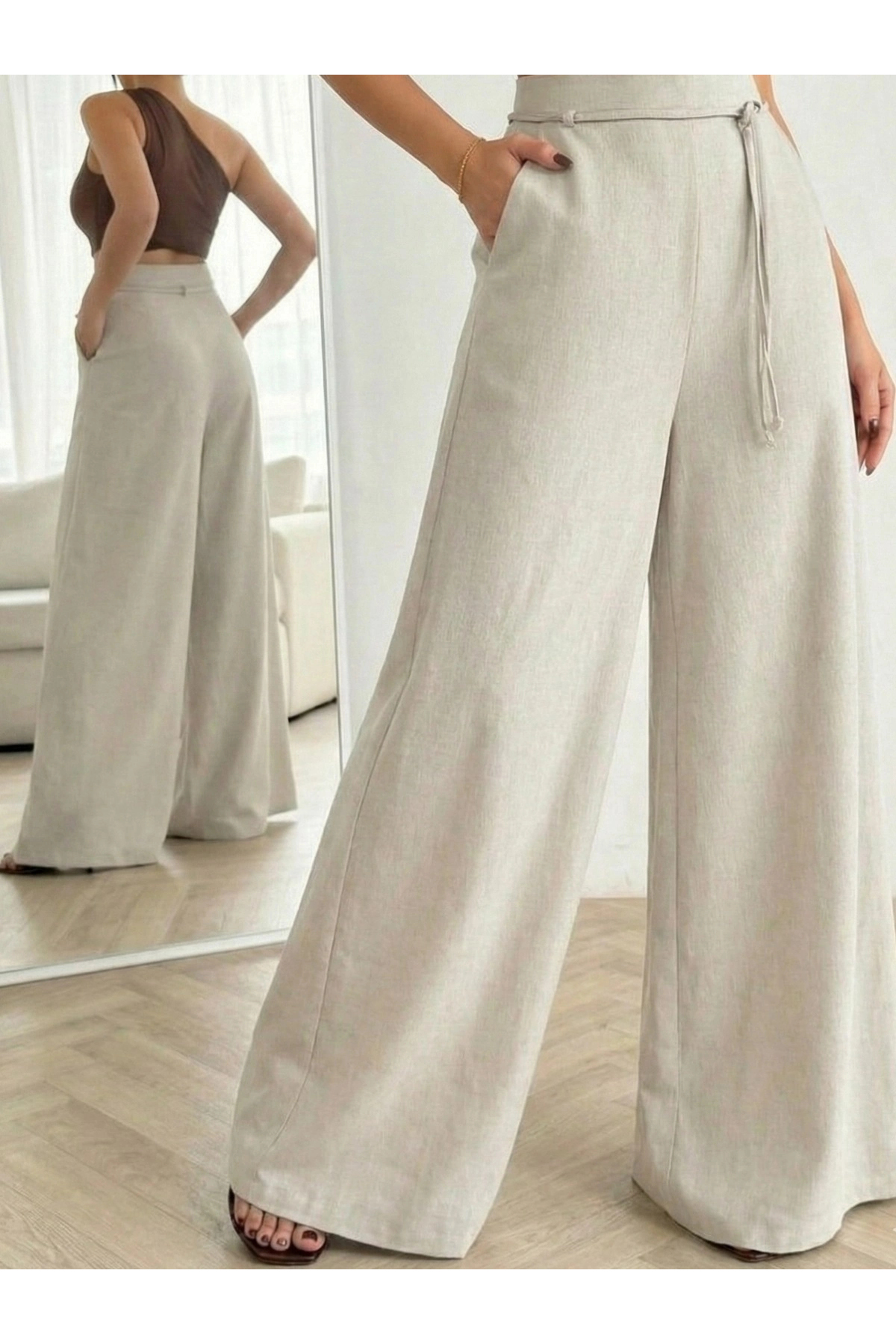 Lusin  Kadın Taş Bağcıklı Yüksek Bel Rahat Kesim Bol Paça Sofya Keten Pantolon - Görsel 2