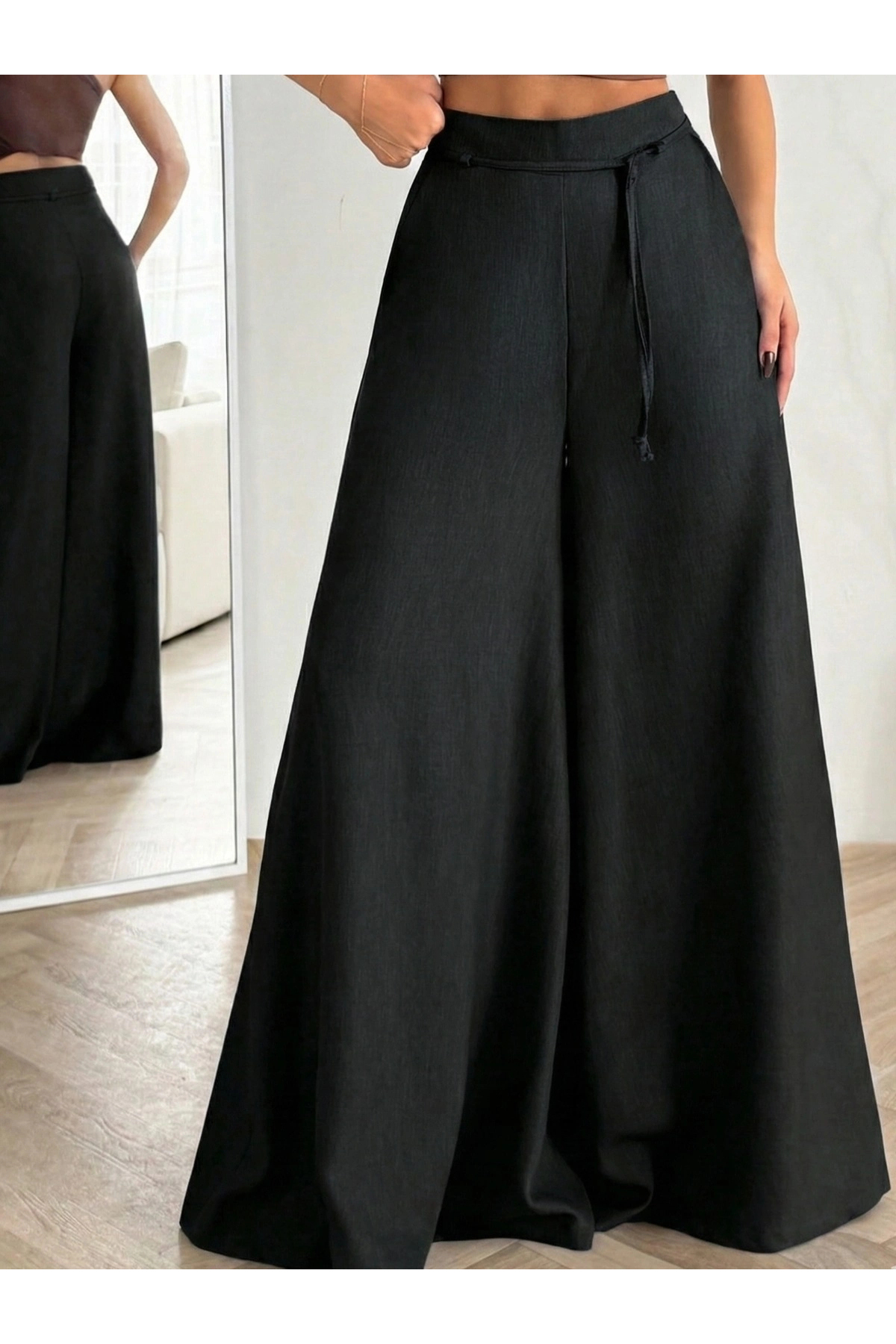 Lusin Ženske crne vezane pantalone Visok struk udobne kroj Široke nogavice So...