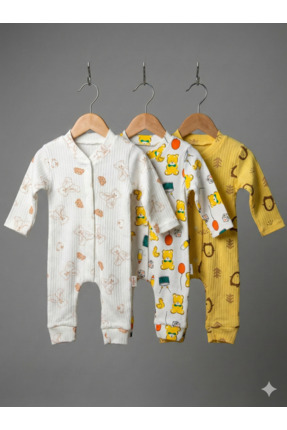 tinytrends Bebek Desenli Pamuklu Yenidoğan Hediyelik 3-6-9 Ay 3'lü Tulum Set