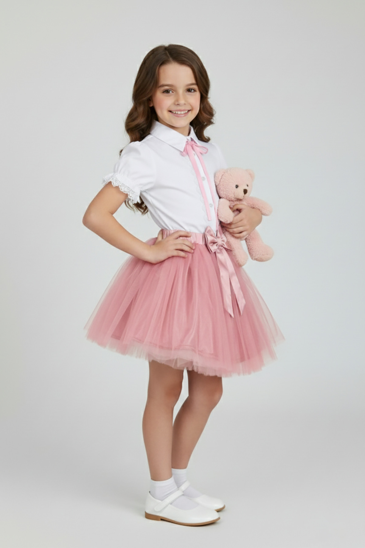 Girls Pink Bowknot Lace Shirt Pink Tutu Skirt Set 23 April 29 October Showwear