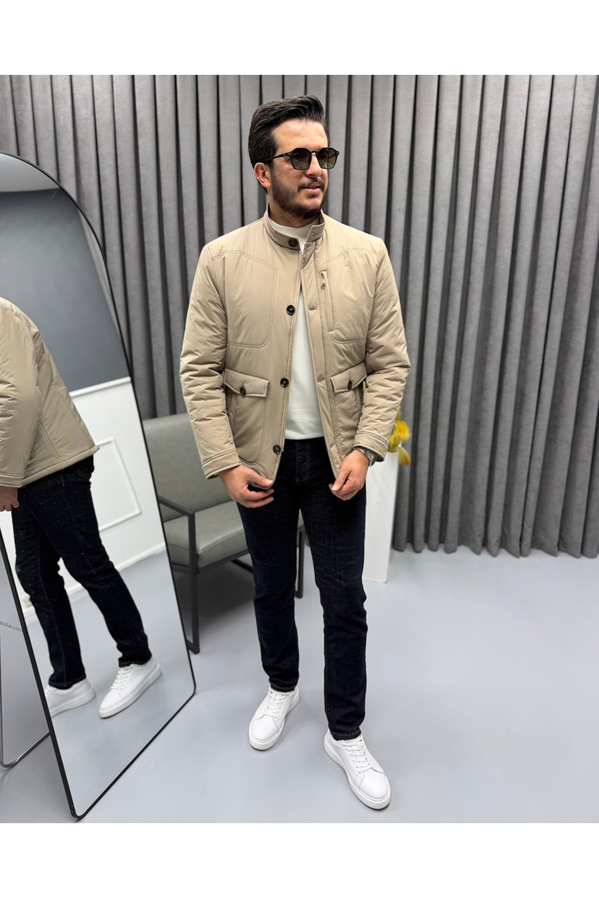 Erkek Slim Fit Hakim Yaka Premium Casual Mont — بژ 01472
