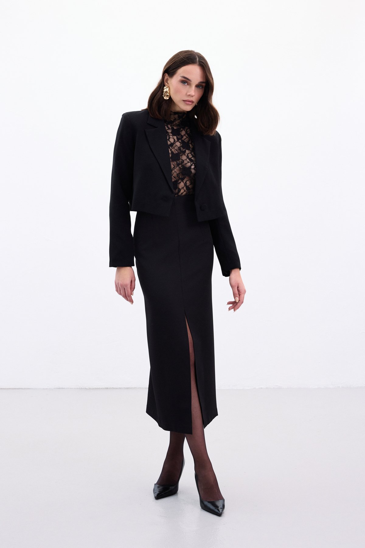 Sateen  Yırtmaçlı Midi Etek - Siyah - Görsel 5