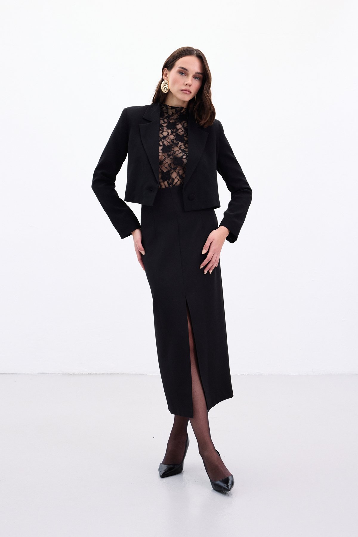 Sateen  Yırtmaçlı Midi Etek - Siyah