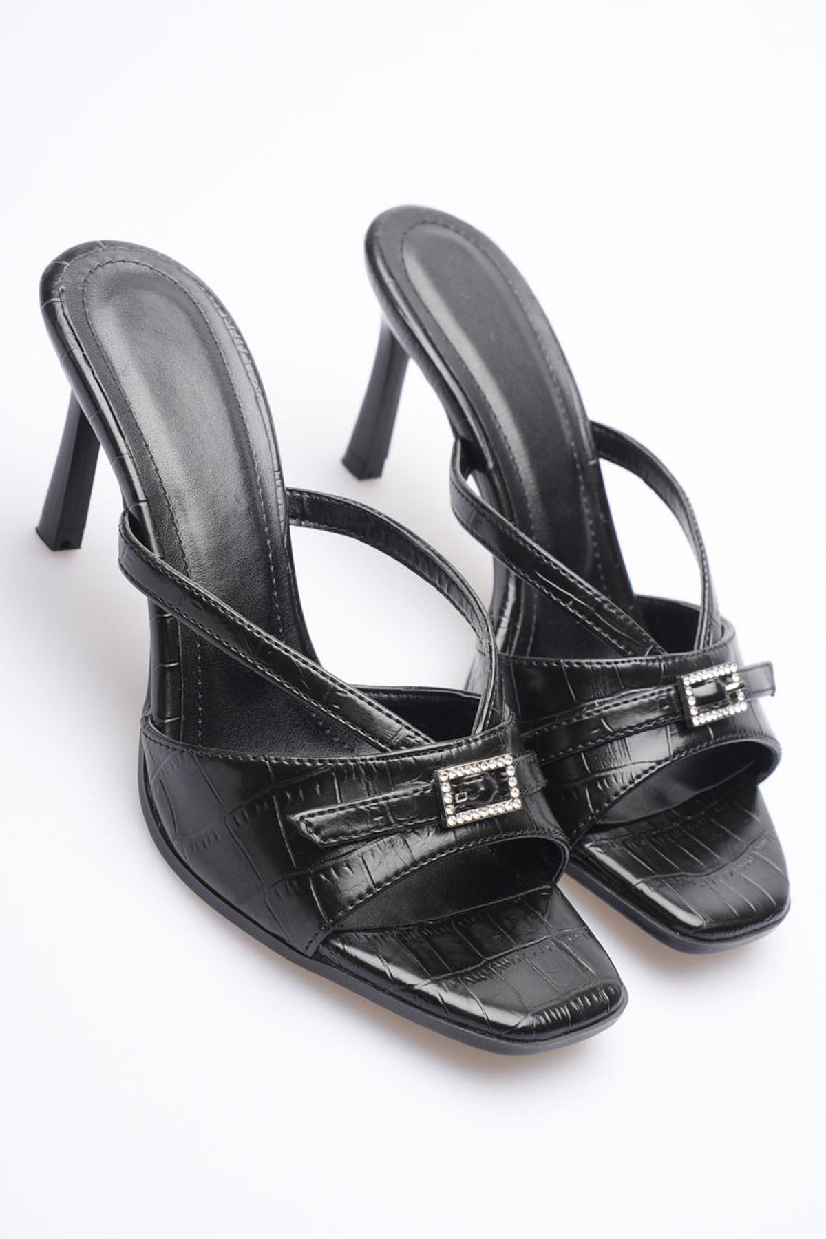 Black Crocodile Silver Buckle Detailed CBD 9 cm Heeled Women's Slippers