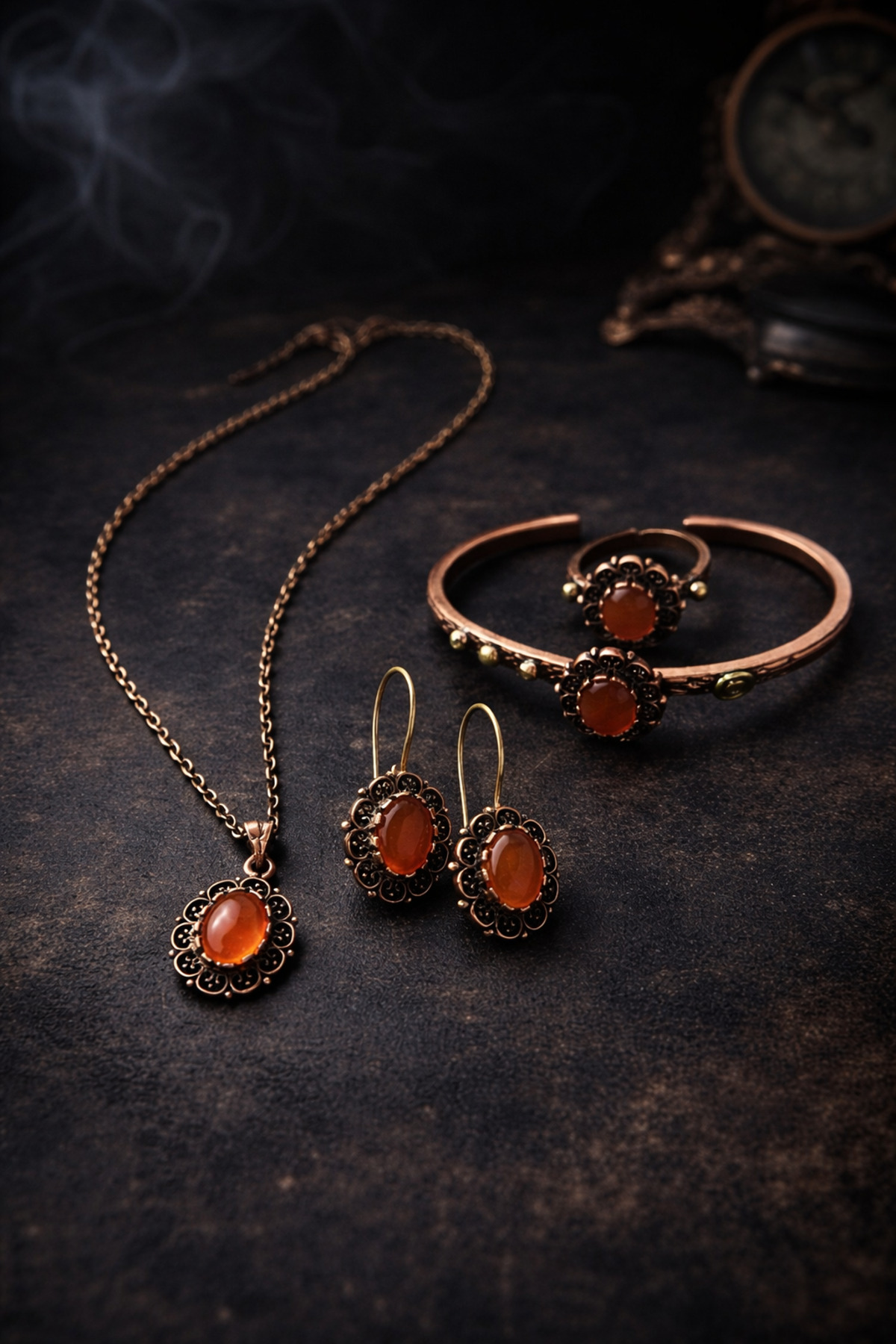 Women's Copper Necklace Bracelet Ring Earrings Set Natural Carnelian Gemstone Pure Copper Set