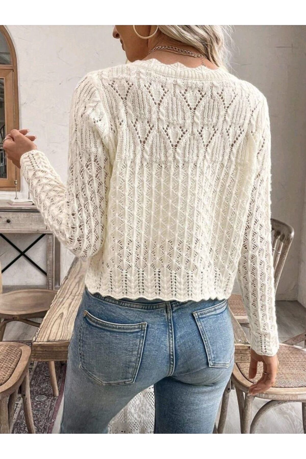 Gülçin Coşkun  Ajurlu Uzun Kol Yaka Detaylı Düğmeli Sepet Desen %100 Pamuk Kadın Triko Hırka - Görsel 2