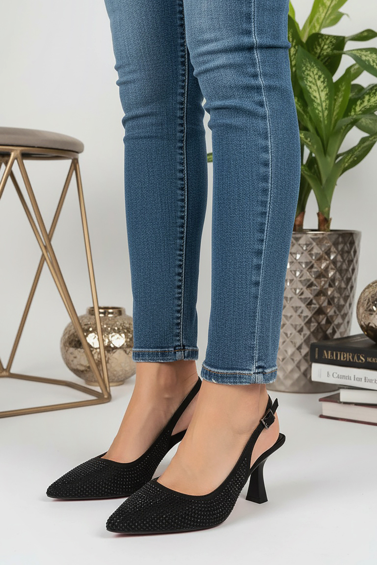 Modaarmada  Siyah yeni sezon taşlı şık kadın topuklu ayakkabı - Görsel 4