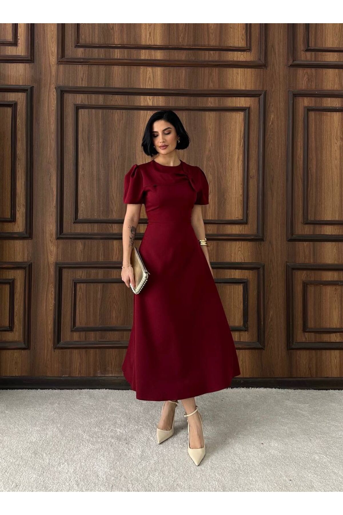 maf collection Women's Burgundy Balloon Sleeve Bow Detail Short Sleeve Long Dress