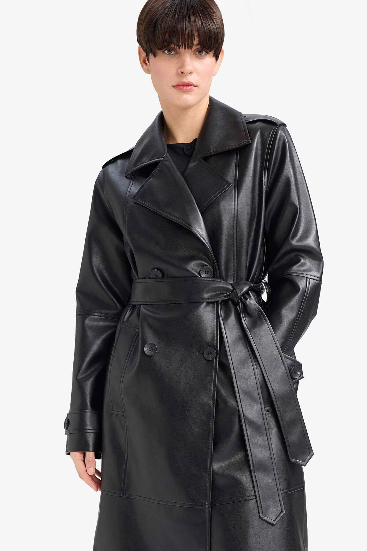 Defacto Regular Fit Faux Leather Black Women's Trench Coat G0746Ax