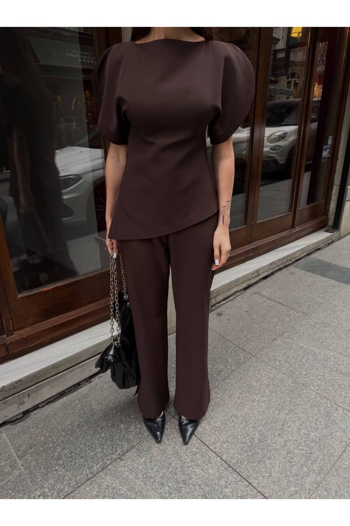 Short Balloon Sleeve Asymmetric Blouse and Pants Bottom Top Premium Set
