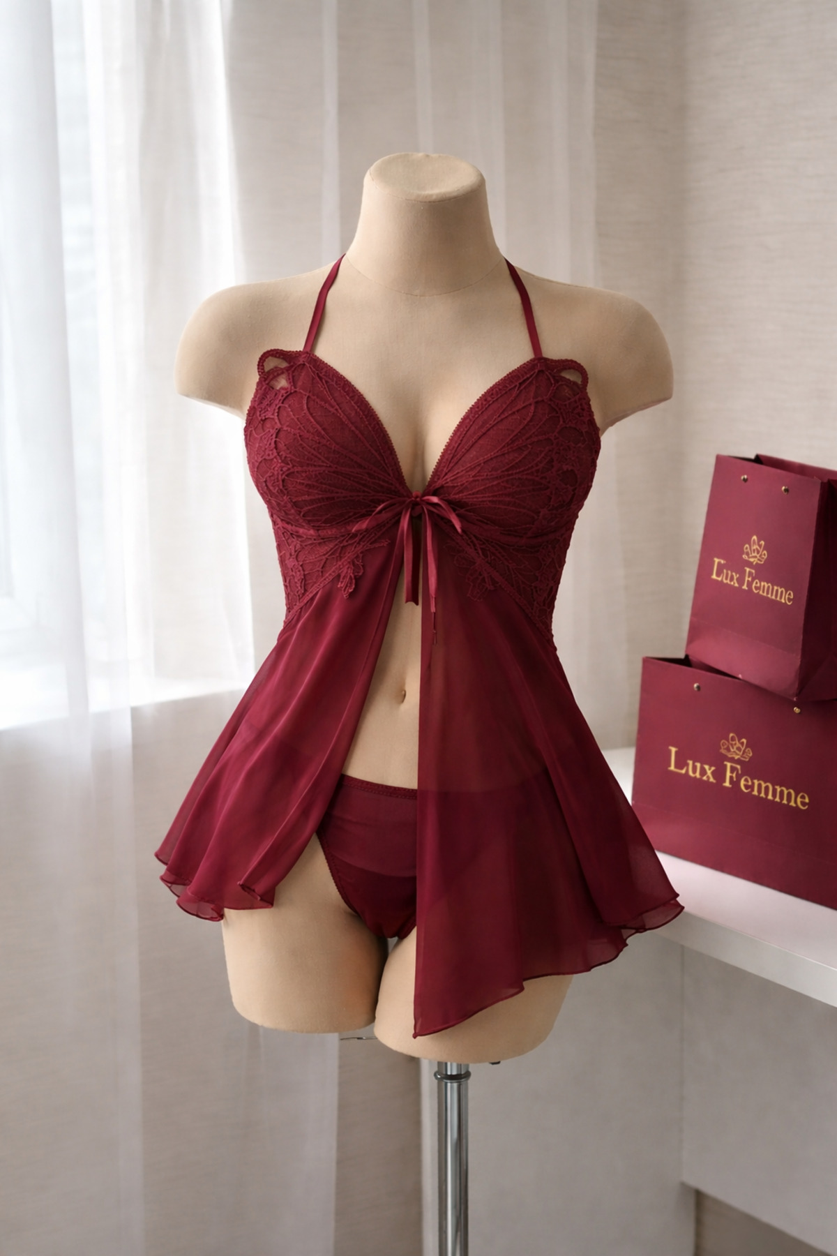 Lux Femme Bordo Dantel Gecelik