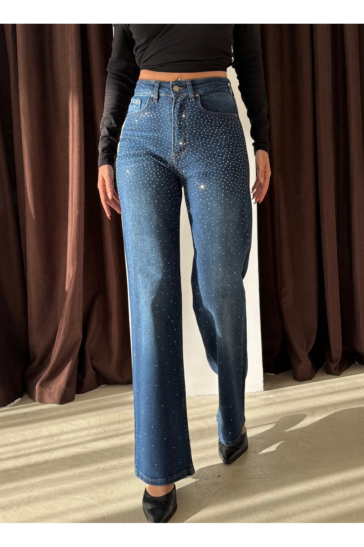 Swet Shop Jeans  Kadın Yüksek Bel Vintage Parlak Taş Desenli Özel Tasarım Likralı Palazzo Denim Jean - Görsel 5