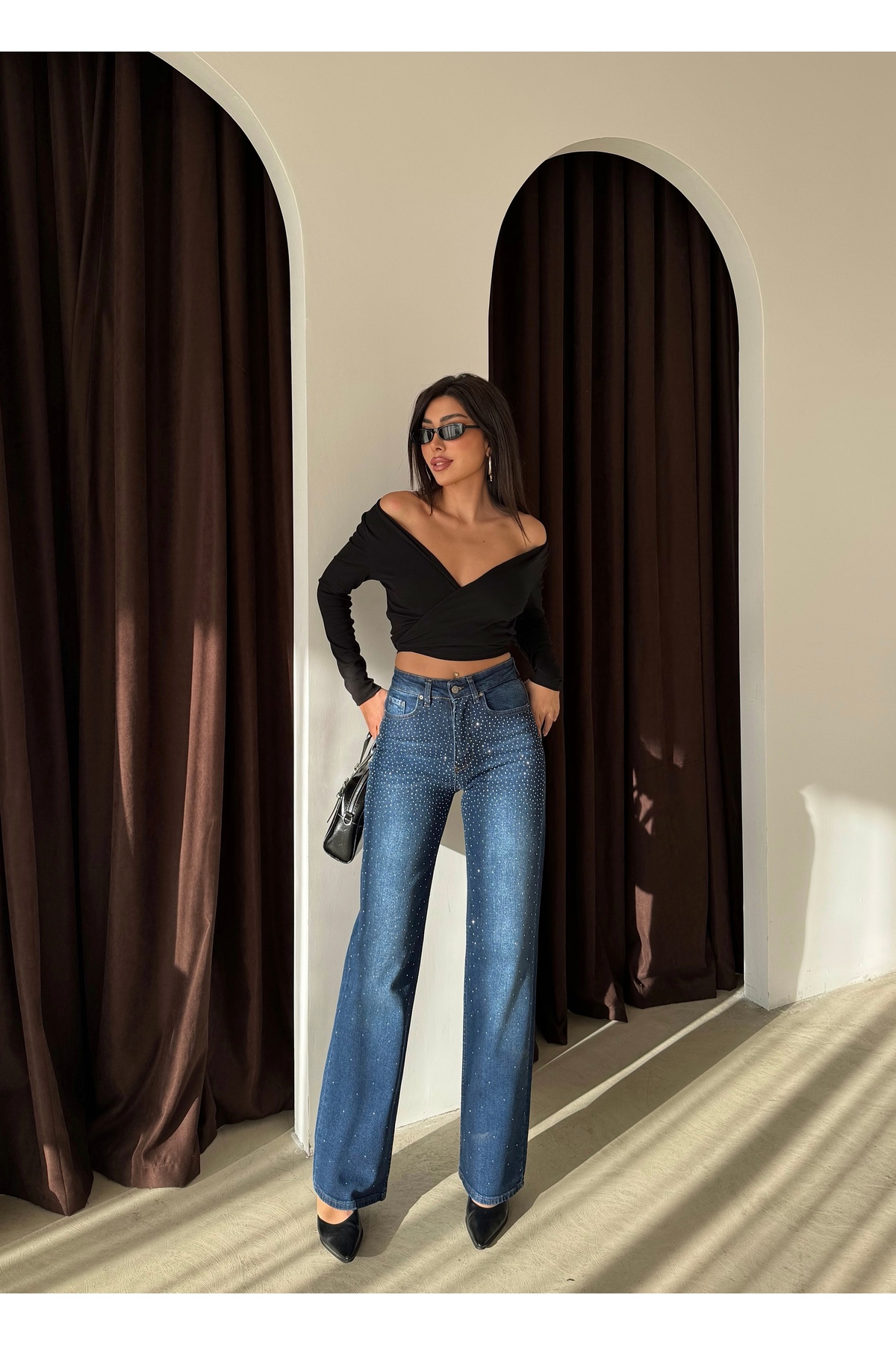 Swet Shop Jeans  Kadın Yüksek Bel Vintage Parlak Taş Desenli Özel Tasarım Likralı Palazzo Denim Jean - Görsel 4