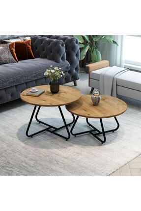 MRVHOMEE 2’li Yuvarlak Orta Sehpa Seti Metal Siyah Ayaklı Ahşap Görünümlü