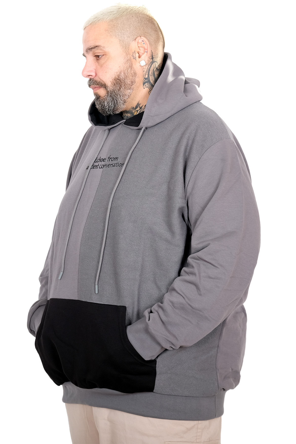 ModeXL Mode XL Büyük Beden Erkek Kapüşonlu Parçalı Sweatshirt U25813 FUME görsel 2