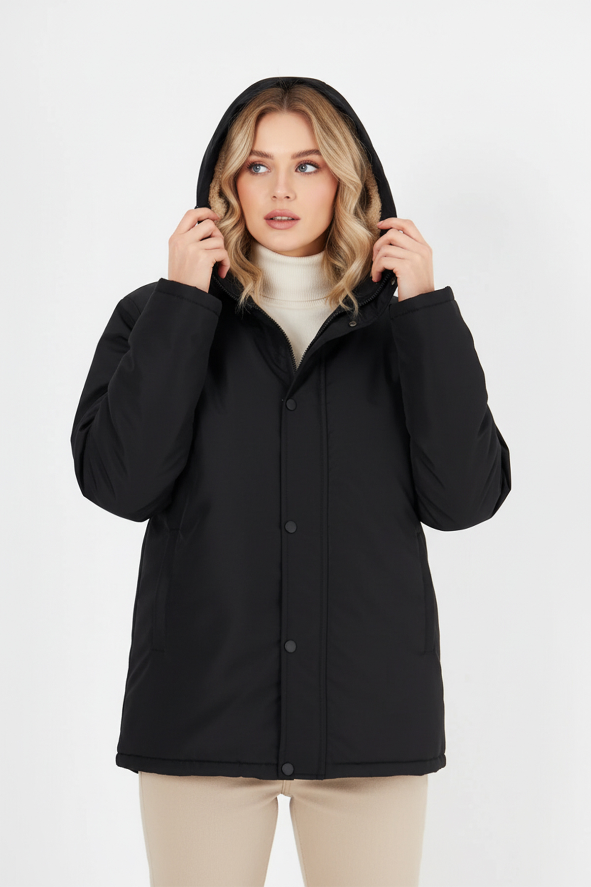 QAWWA  Kadın İçi Kürklü Su ve Rüzgar Geçirmez Kapüşonlu Parka & Mont & Kaban