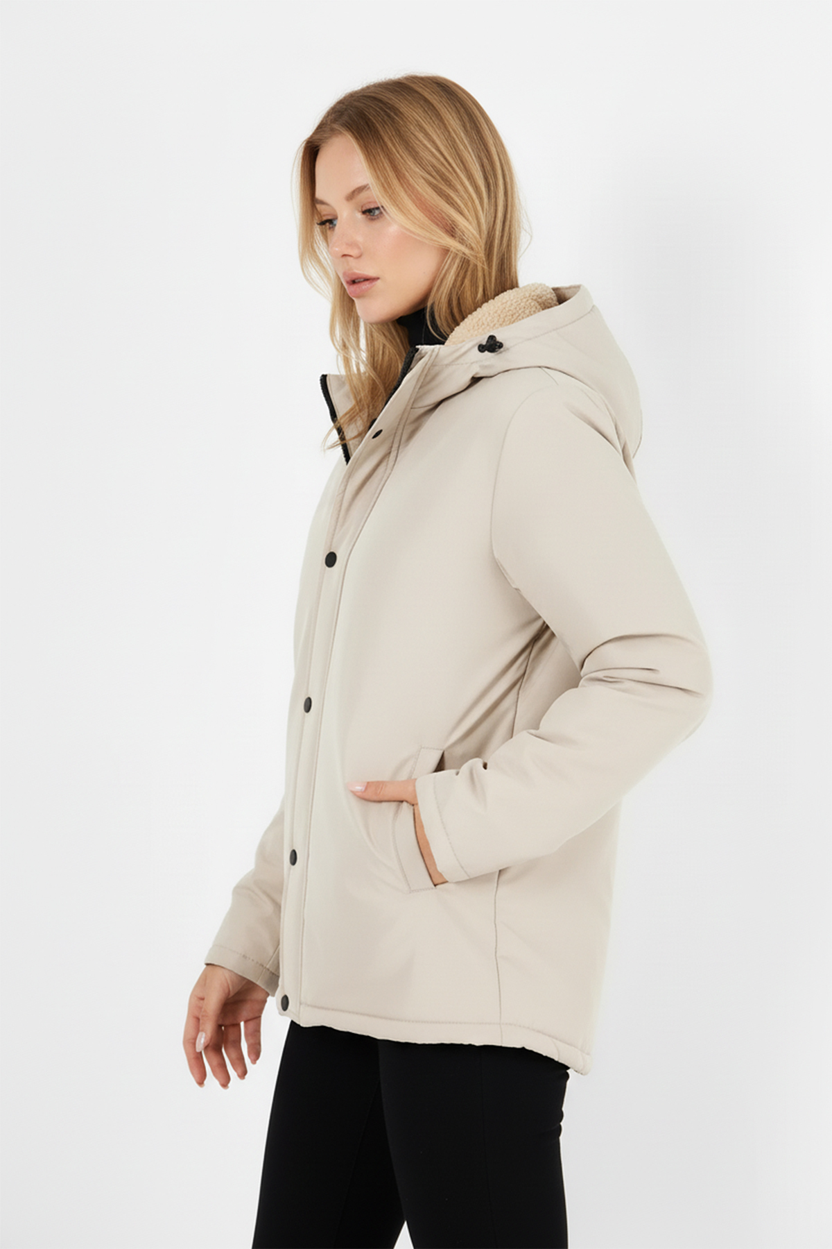 QAWWA  Kadın İçi Kürklü Su ve Rüzgar Geçirmez Kapüşonlu Parka & Mont & Kaban - Görsel 3