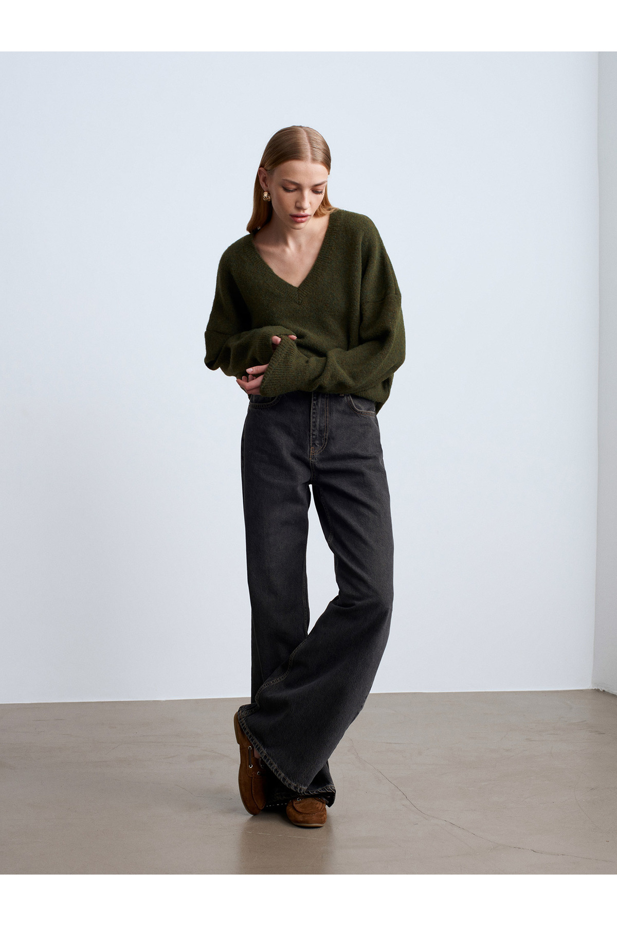 Dilvin  10645 V Yaka Yün Karışımlı Kazak-Haki M. - Görsel 4